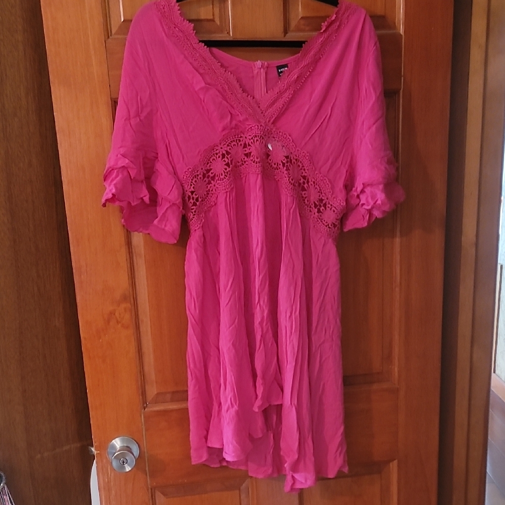 SHEIN Hot Pink Crochet-Trim V-Neck Midi Dress NWT